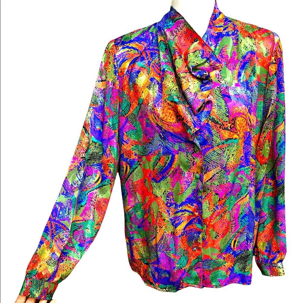 Vintage 90’s colorful Asymmetric Ruffle Neck Button-up Blouse 10